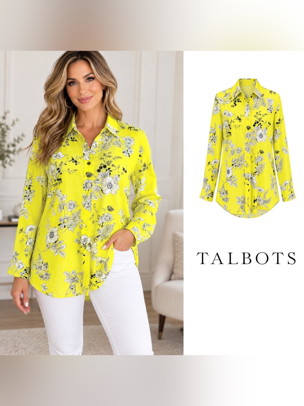 NEW Talbots Yellow Floral Print Button Down